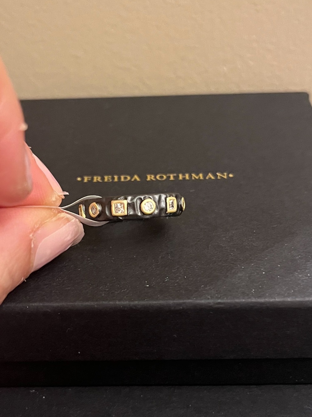 Freida Rothman Two-Tone Hammered Black & Gold Accent Stackable Ring size 8 NWT
